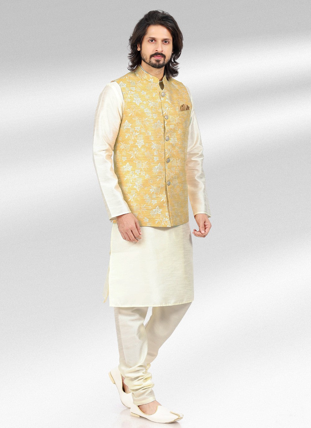 Fancy Work Banarasi Jacquard Cream, Yellow Kurta Payjama With Jacket - M4594