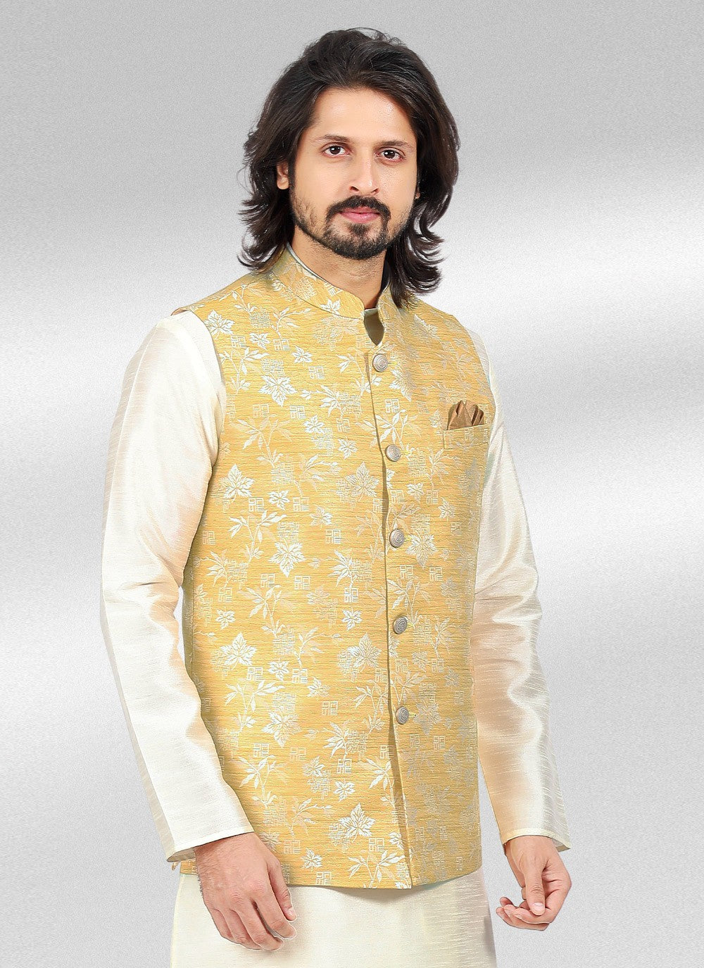 Fancy Work Banarasi Jacquard Cream, Yellow Kurta Payjama With Jacket - M4594