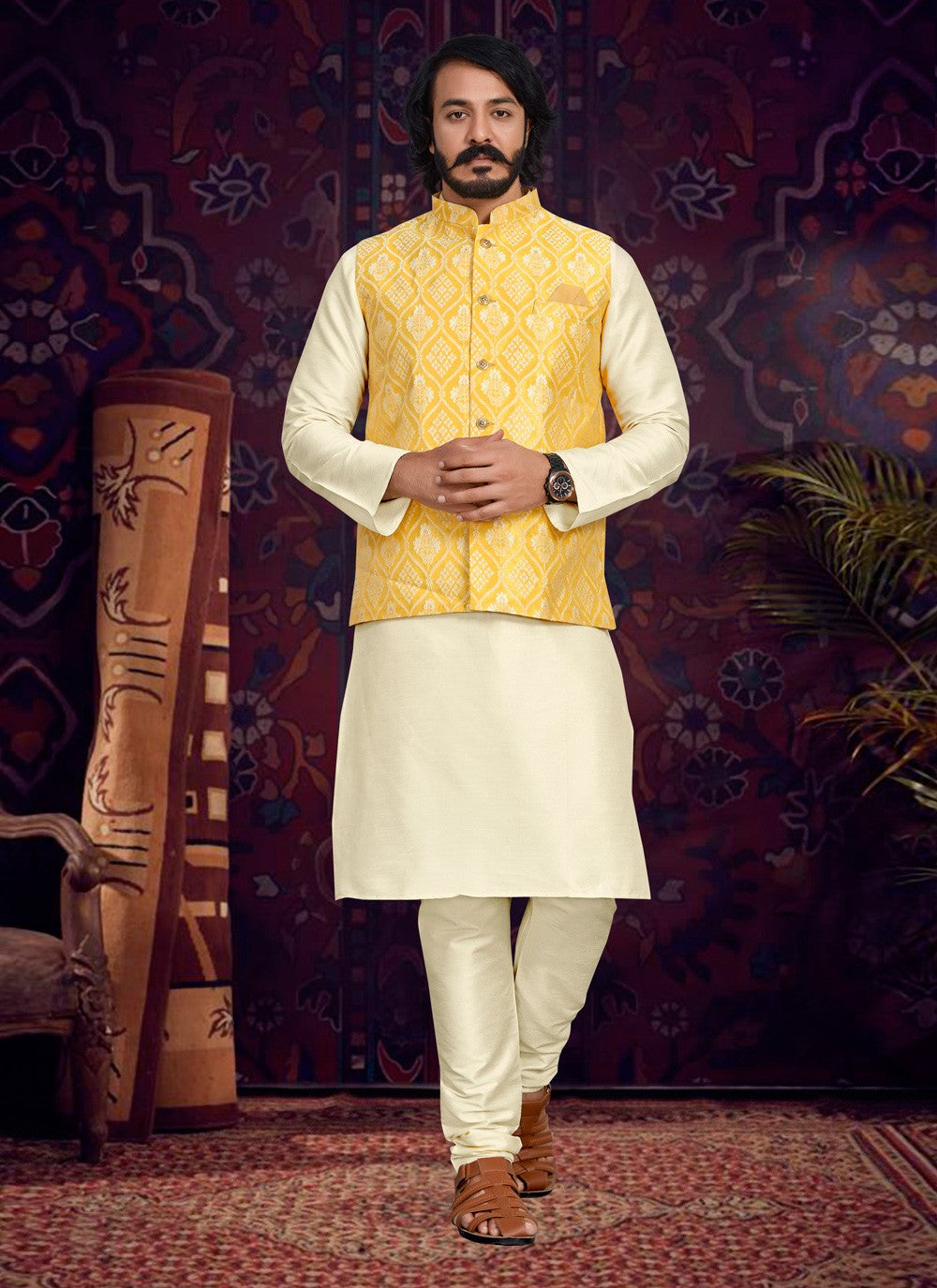 Fancy Work Art Silk, Jacquard Cream, Yellow Kurta Payjama With Jacket - M4010