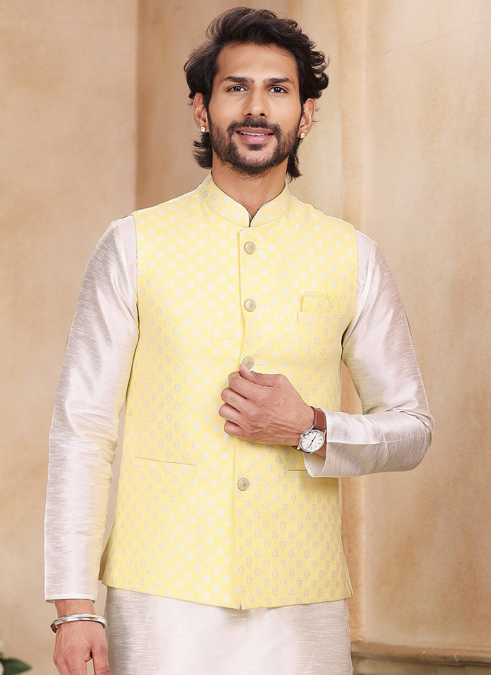 Fancy Work Banarasi Silk, Jacquard Cream, Yellow Kurta Payjama With Jacket - M5360