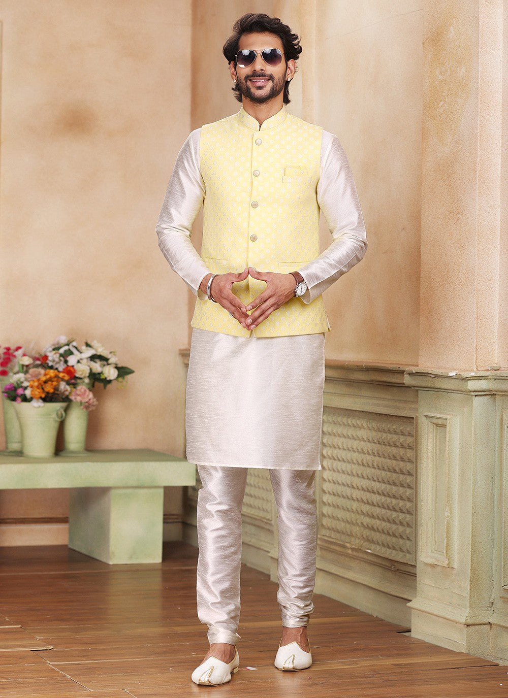 Fancy Work Banarasi Silk, Jacquard Cream, Yellow Kurta Payjama With Jacket - M5360