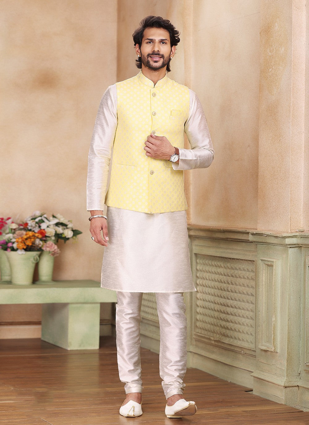 Fancy Work Banarasi Silk, Jacquard Cream, Yellow Kurta Payjama With Jacket - M5360