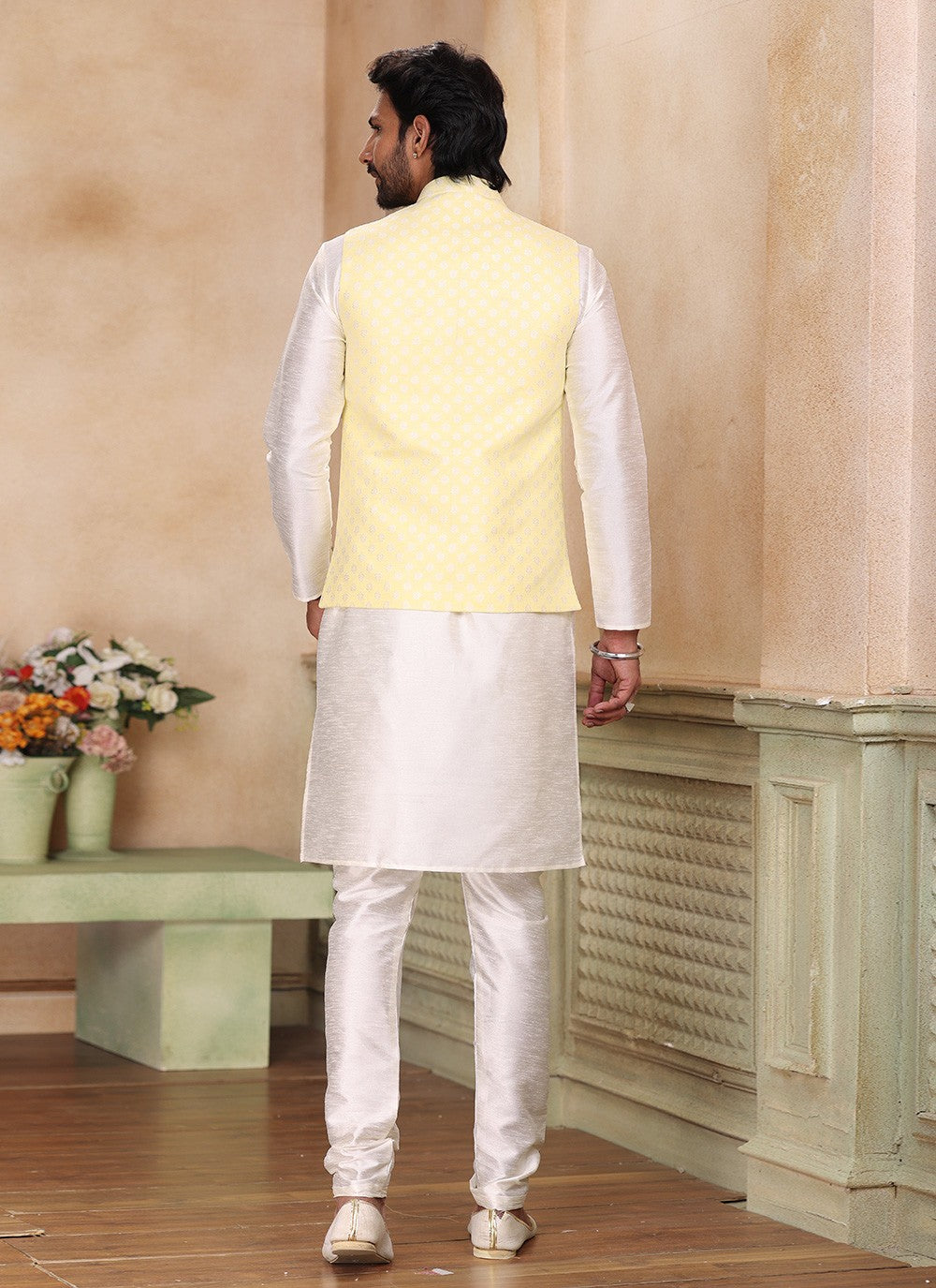 Fancy Work Banarasi Silk, Jacquard Cream, Yellow Kurta Payjama With Jacket - M5360