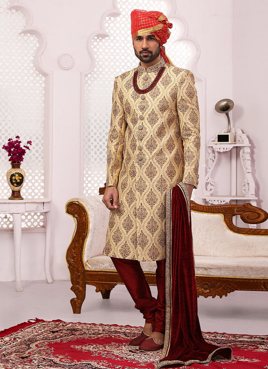 Embroidered Banarasi Silk Cream Sherwani - M3316