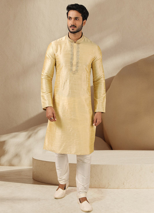 Embroidered Banarasi Silk Cream Kurta Pyjama - M3246