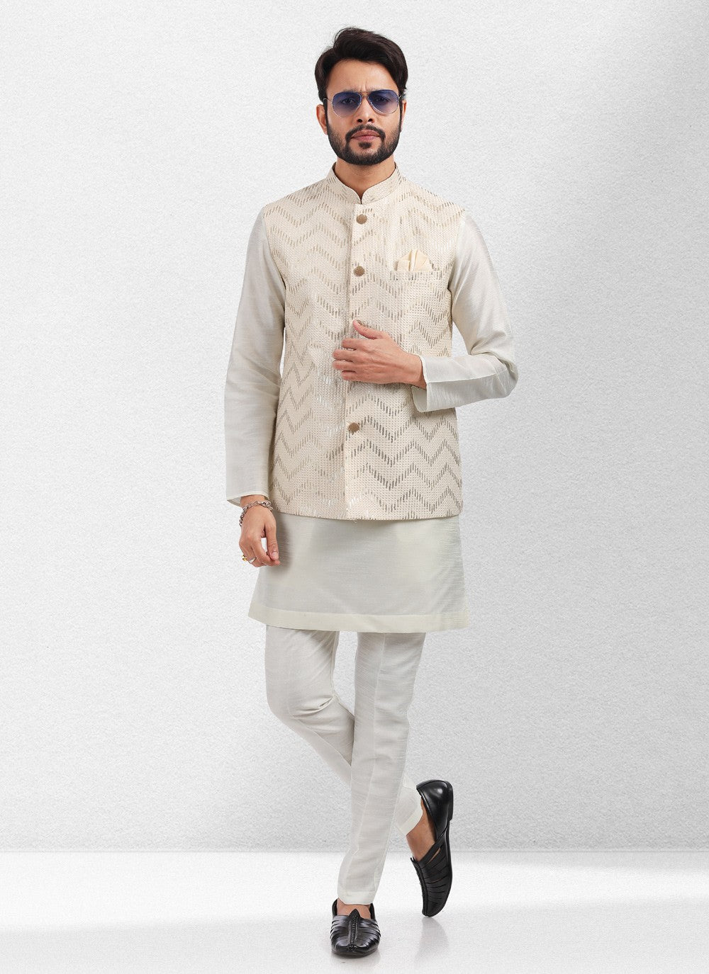 Embroidered Banarasi Silk Cream Kurta Payjama With Jacket - M5140