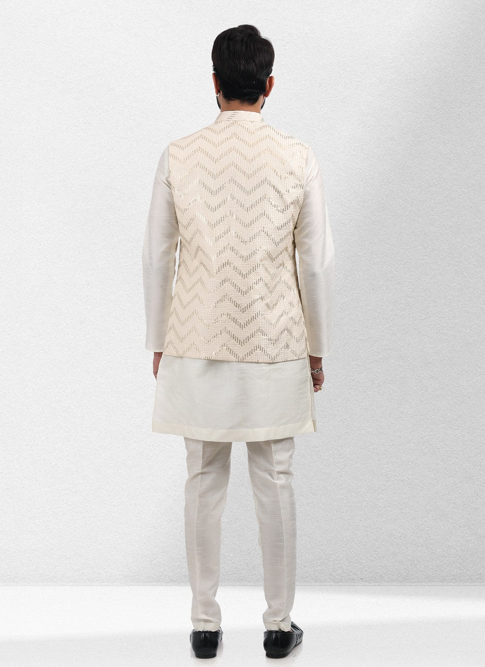 Embroidered Banarasi Silk Cream Kurta Payjama With Jacket - M5140