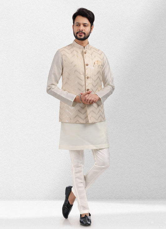 Embroidered Banarasi Silk Cream Kurta Payjama With Jacket - M5140