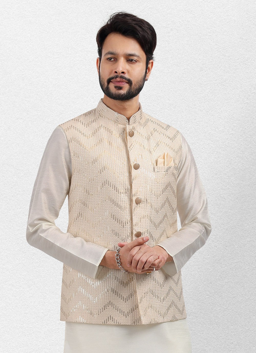 Embroidered Banarasi Silk Cream Kurta Payjama With Jacket - M5140