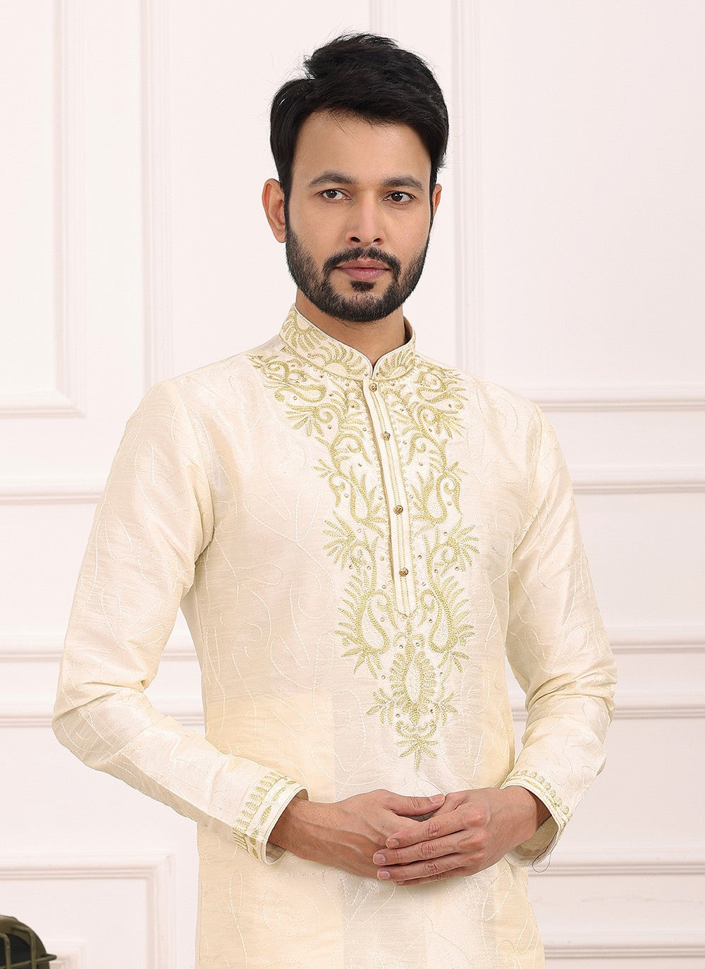 Thread Banarasi Silk Cream Kurta Pyjama - M6120