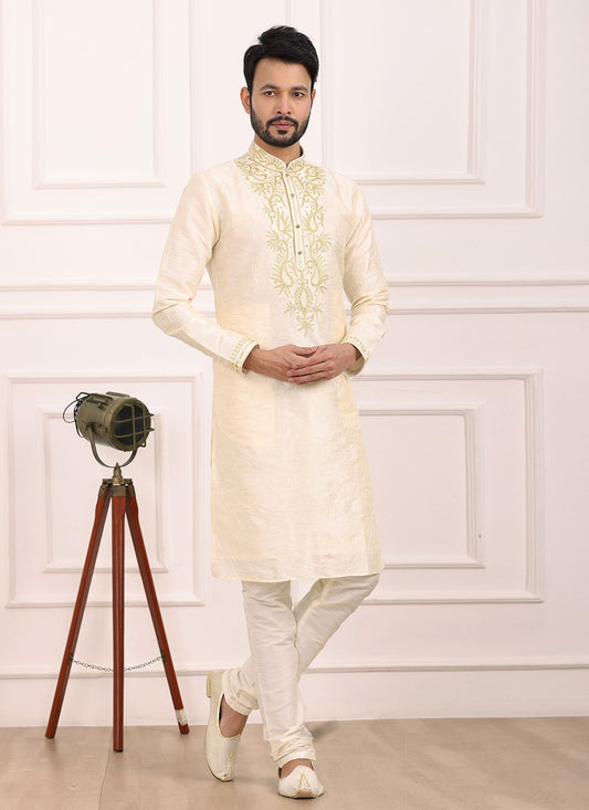 Thread Banarasi Silk Cream Kurta Pyjama - M6120