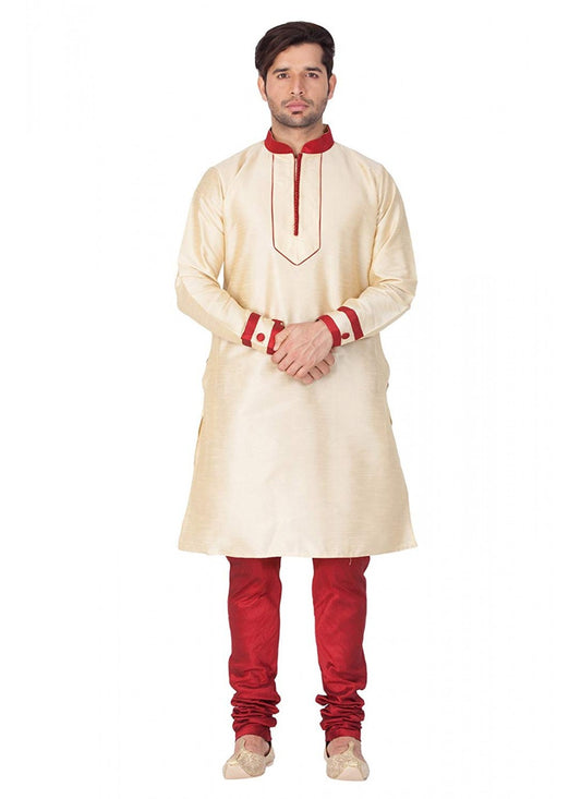 Embroidered Art Dupion Silk Cream Kurta Pyjama - M1286