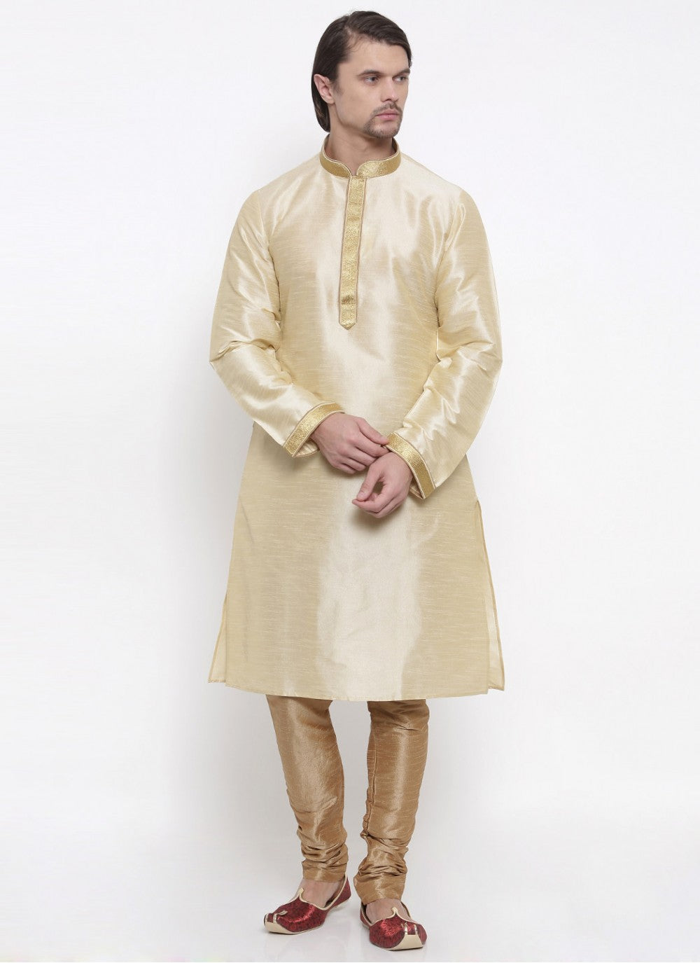 Embroidered Art Dupion Silk Cream Kurta Pyjama - M1650