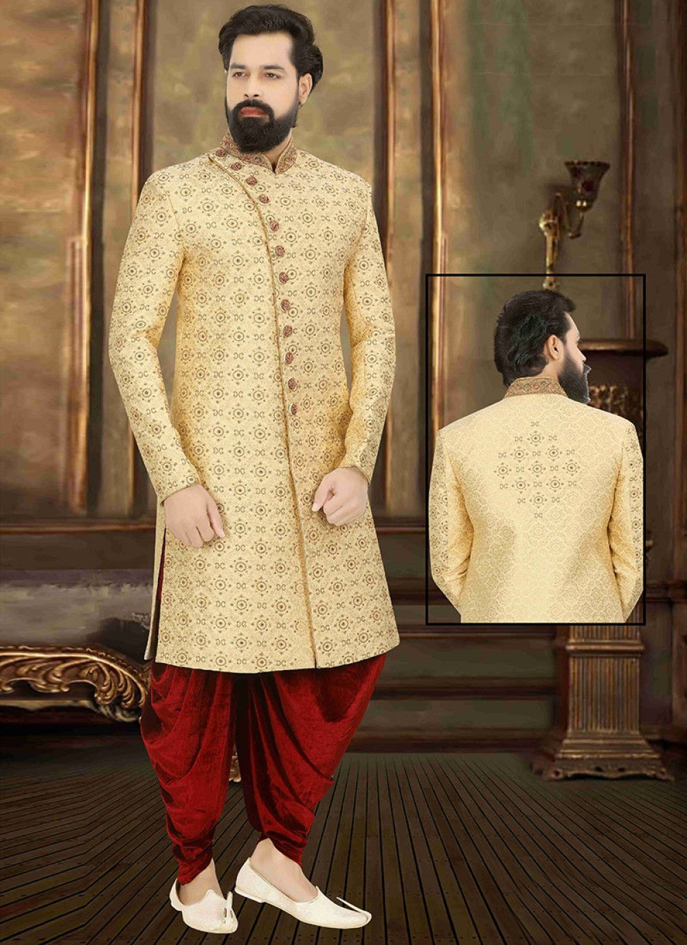 Embroidered Art Dupion Silk Cream Sherwani - M1235