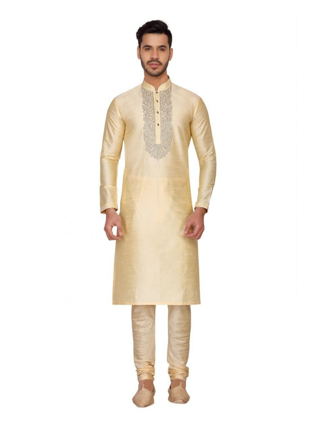 Embroidered Art Dupion Silk Cream Kurta Pyjama - M1279