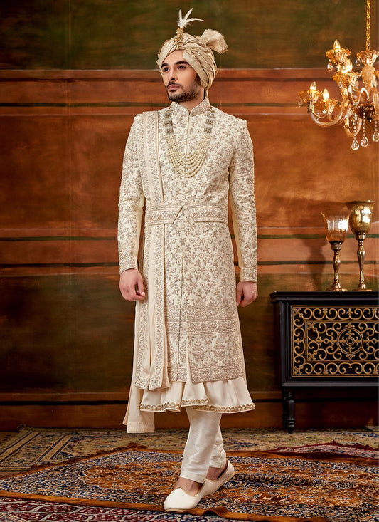 Hand Embroidery Art Silk Cream Sherwani - M4300