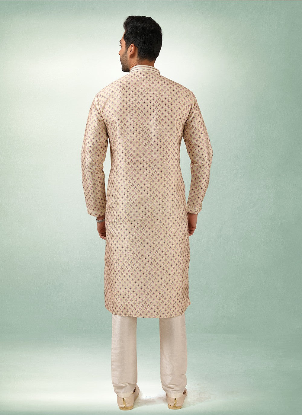 Printed Art Silk Cream Kurta Pyjama - M2854