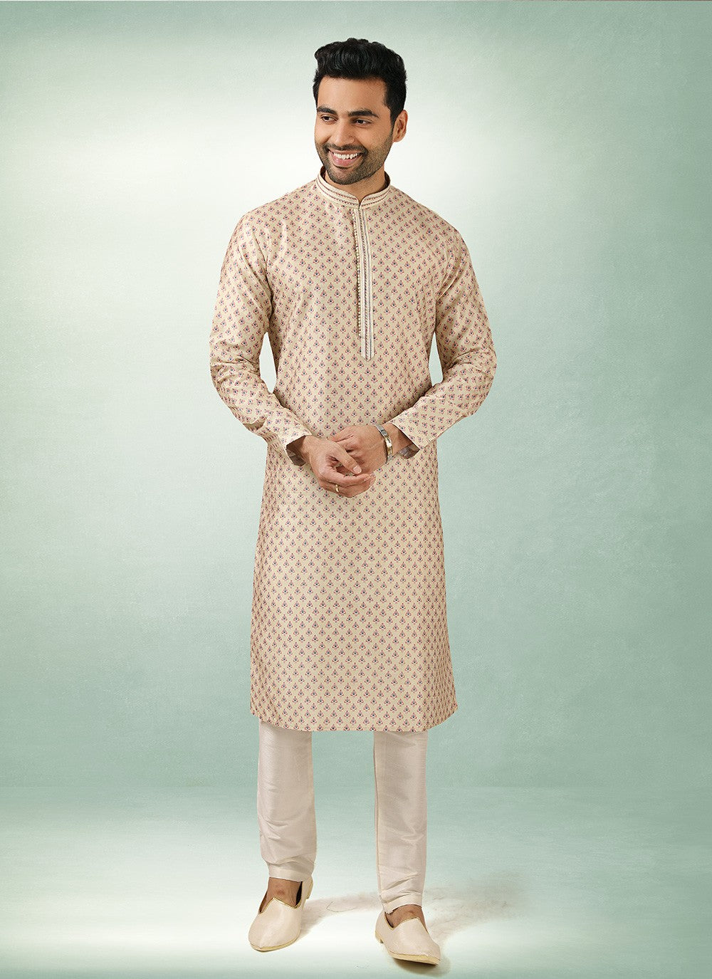 Printed Art Silk Cream Kurta Pyjama - M2854