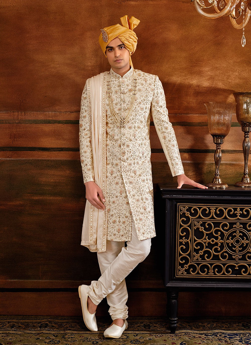 Hand Embroidery Art Silk Cream Sherwani - M4295