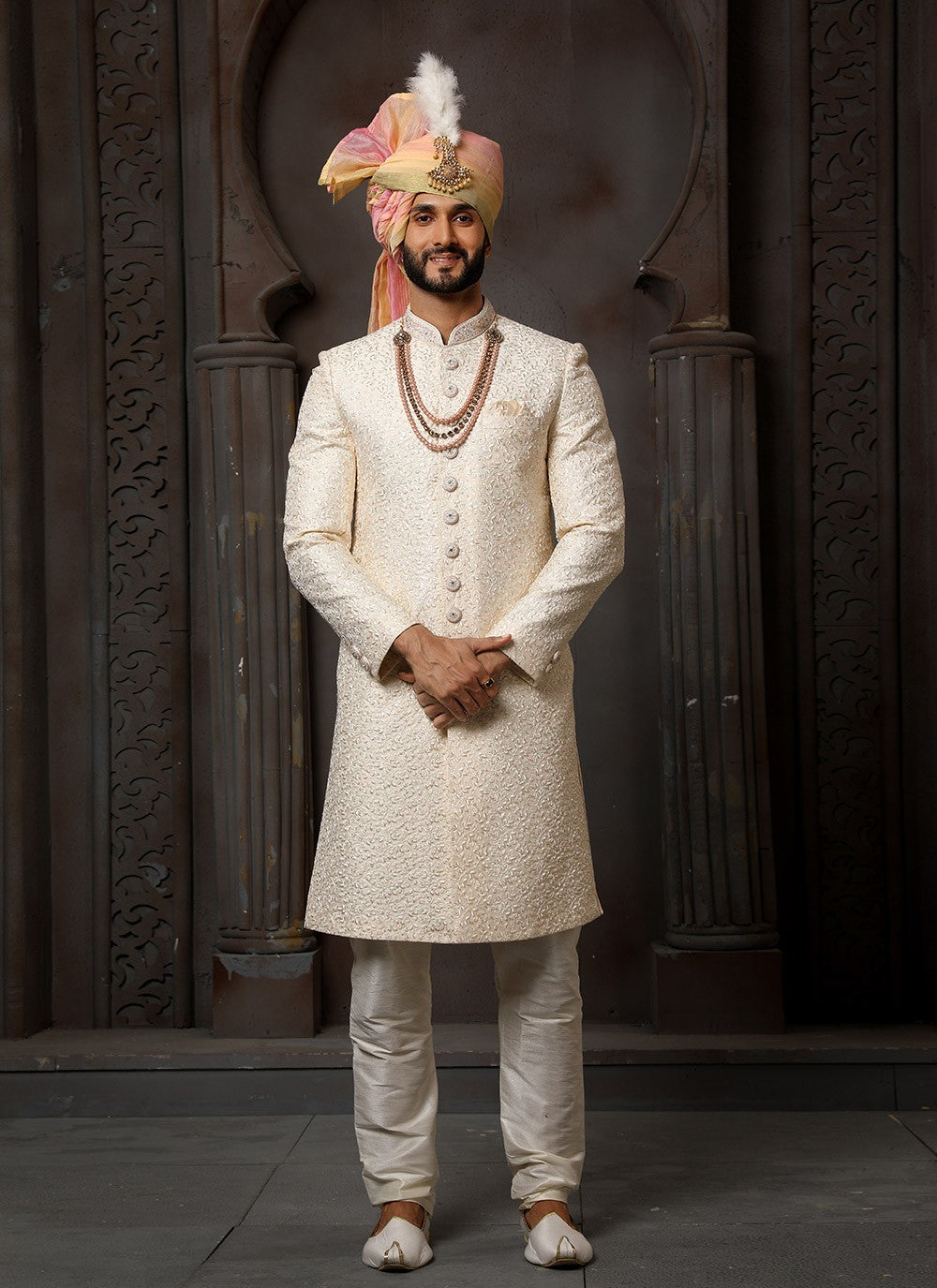 Machine Embroidery Art Silk Cream Sherwani - M4117