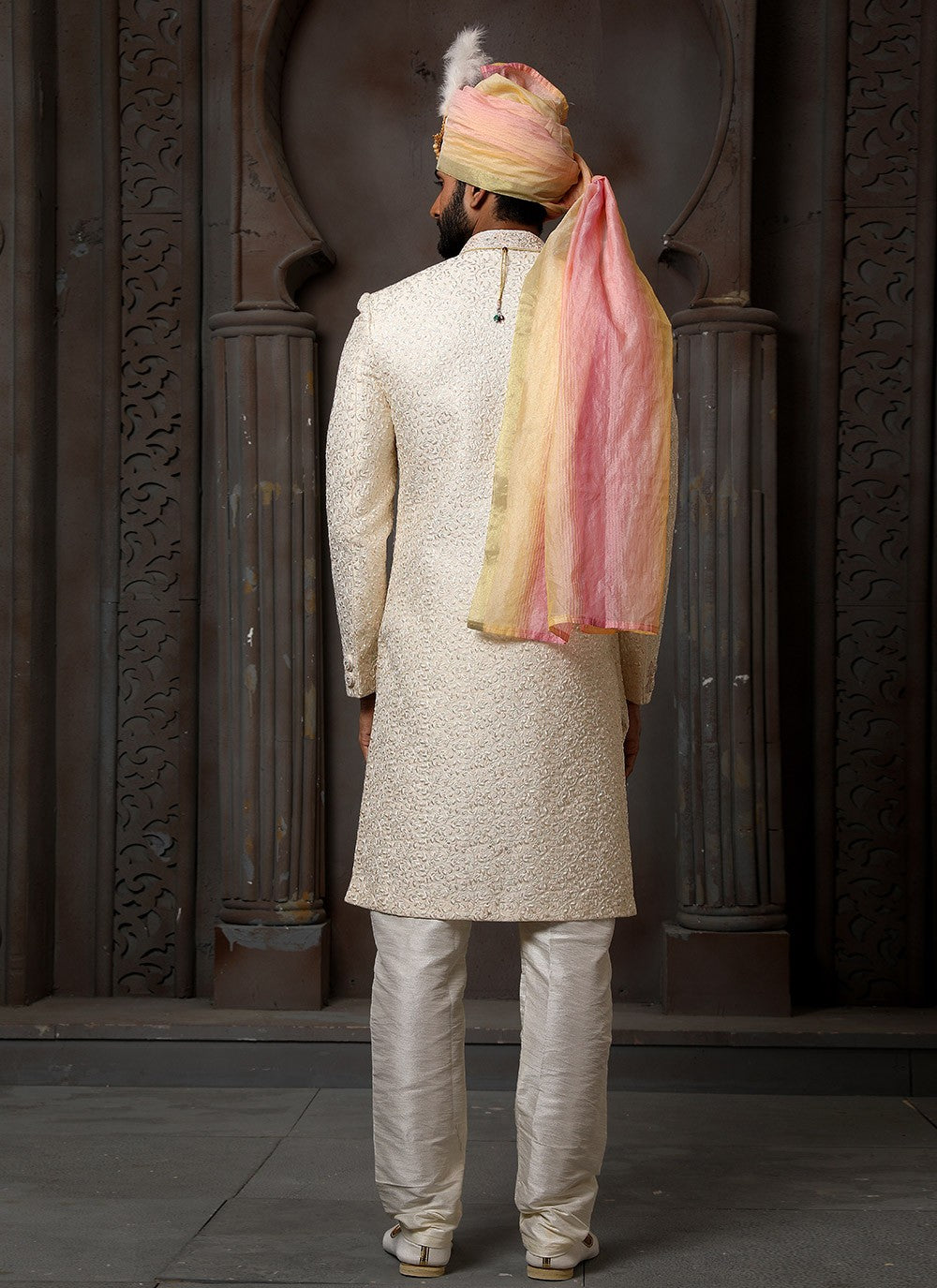 Machine Embroidery Art Silk Cream Sherwani - M4117