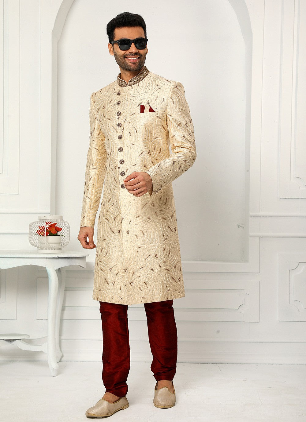 Machine Embroidery Art Silk Cream Sherwani - M4136