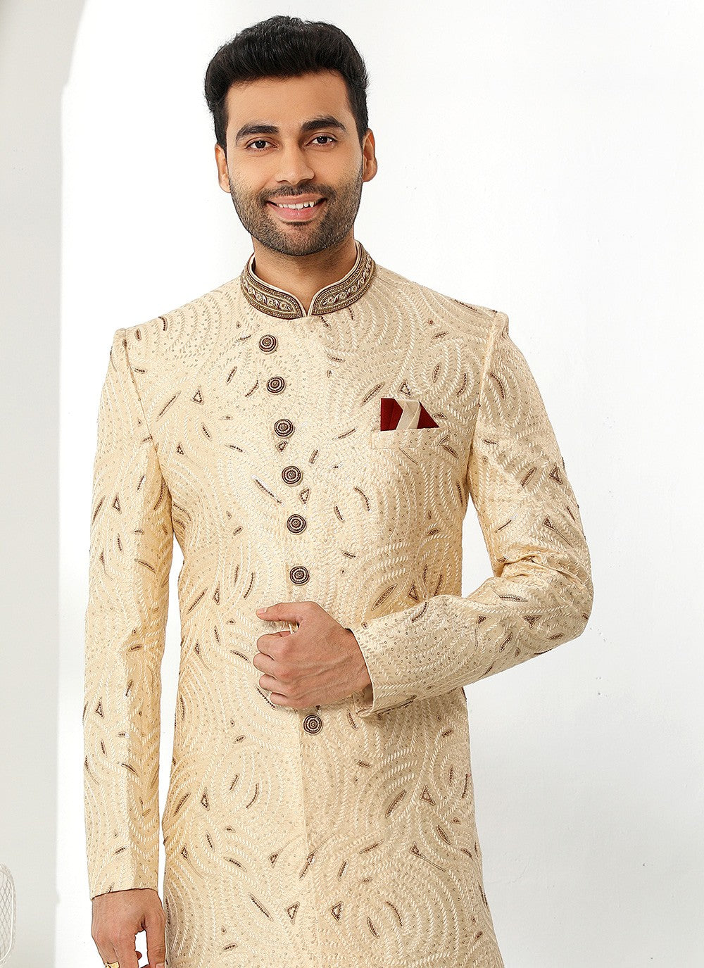 Machine Embroidery Art Silk Cream Sherwani - M4136