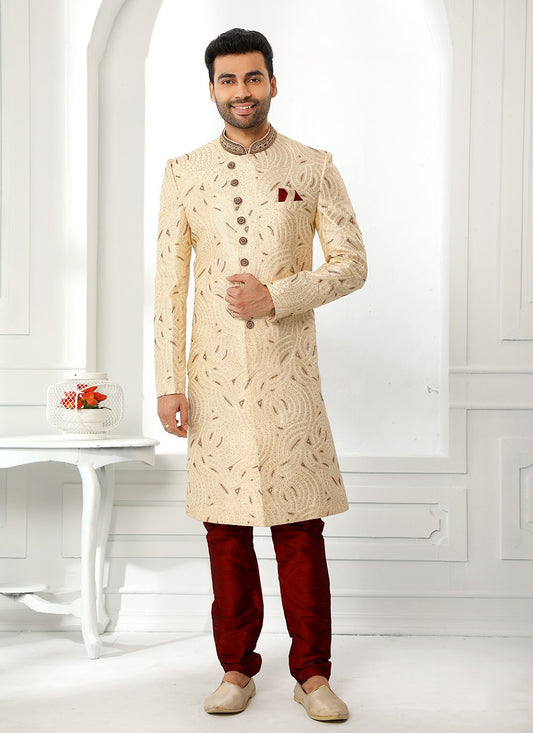 Machine Embroidery Art Silk Cream Sherwani - M4136