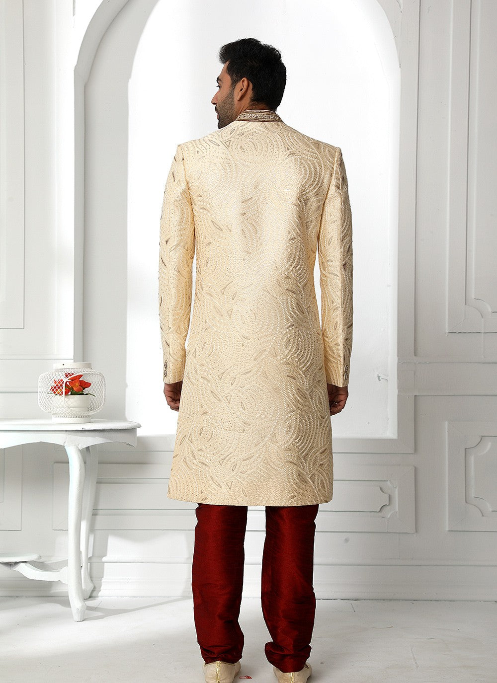 Machine Embroidery Art Silk Cream Sherwani - M4136