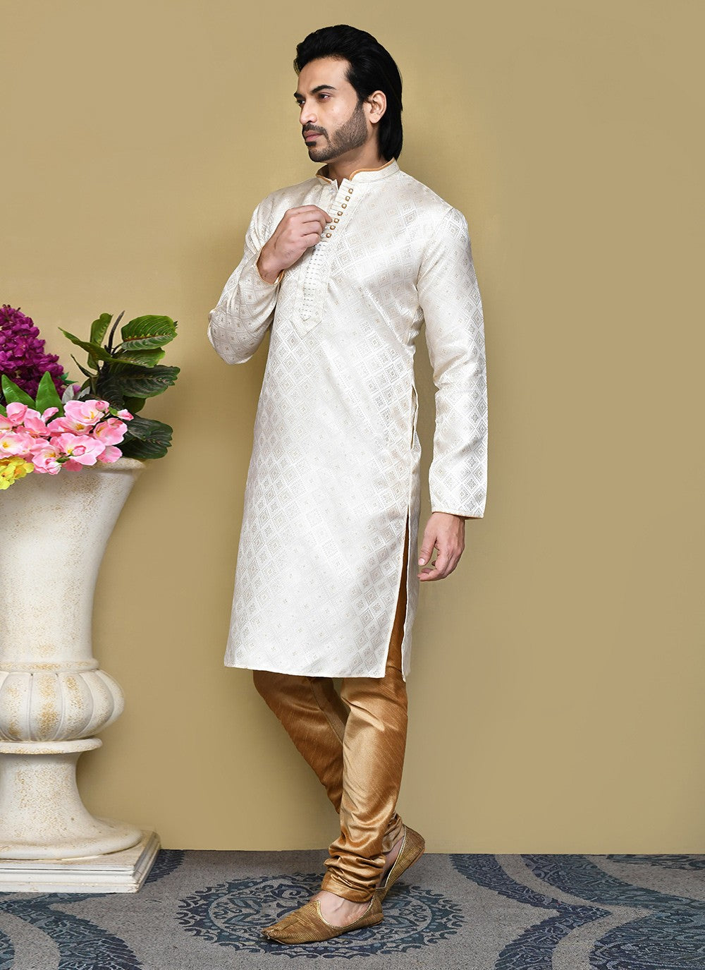 Resham Art Silk Cream Kurta Pyjama - M7864