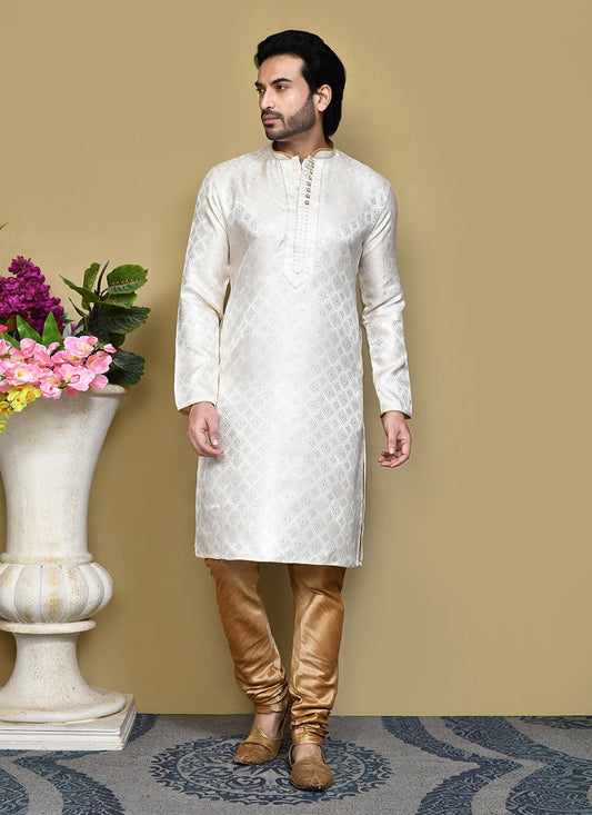 Resham Art Silk Cream Kurta Pyjama - M7864