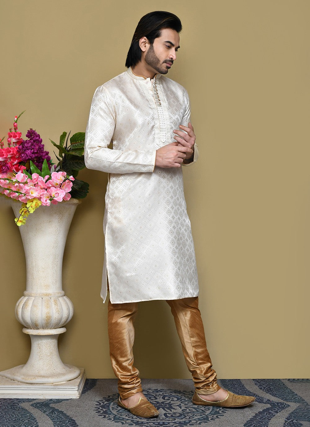 Resham Art Silk Cream Kurta Pyjama - M7864