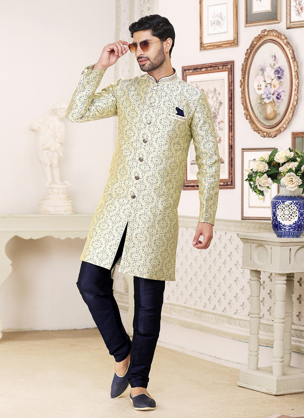 Fancy Work Banarasi Jacquard Cream Indo Western - M5209