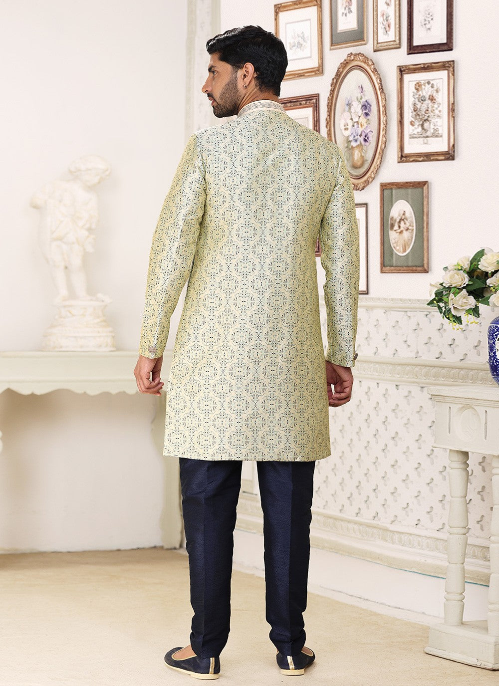 Fancy Work Banarasi Jacquard Cream Indo Western - M5209