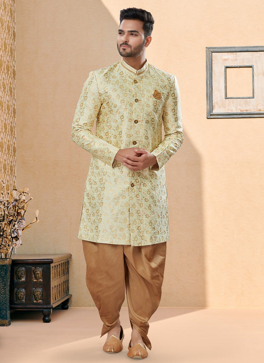 Thread Banarasi Jacquard Cream Indo Western Sherwani - M3894