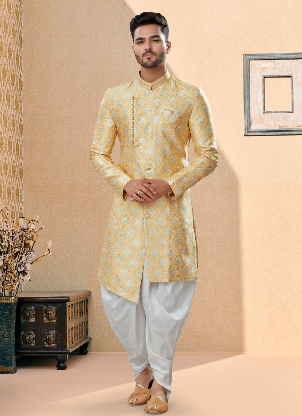 Stones Banarasi Jacquard Cream Indo Western Sherwani - M3889