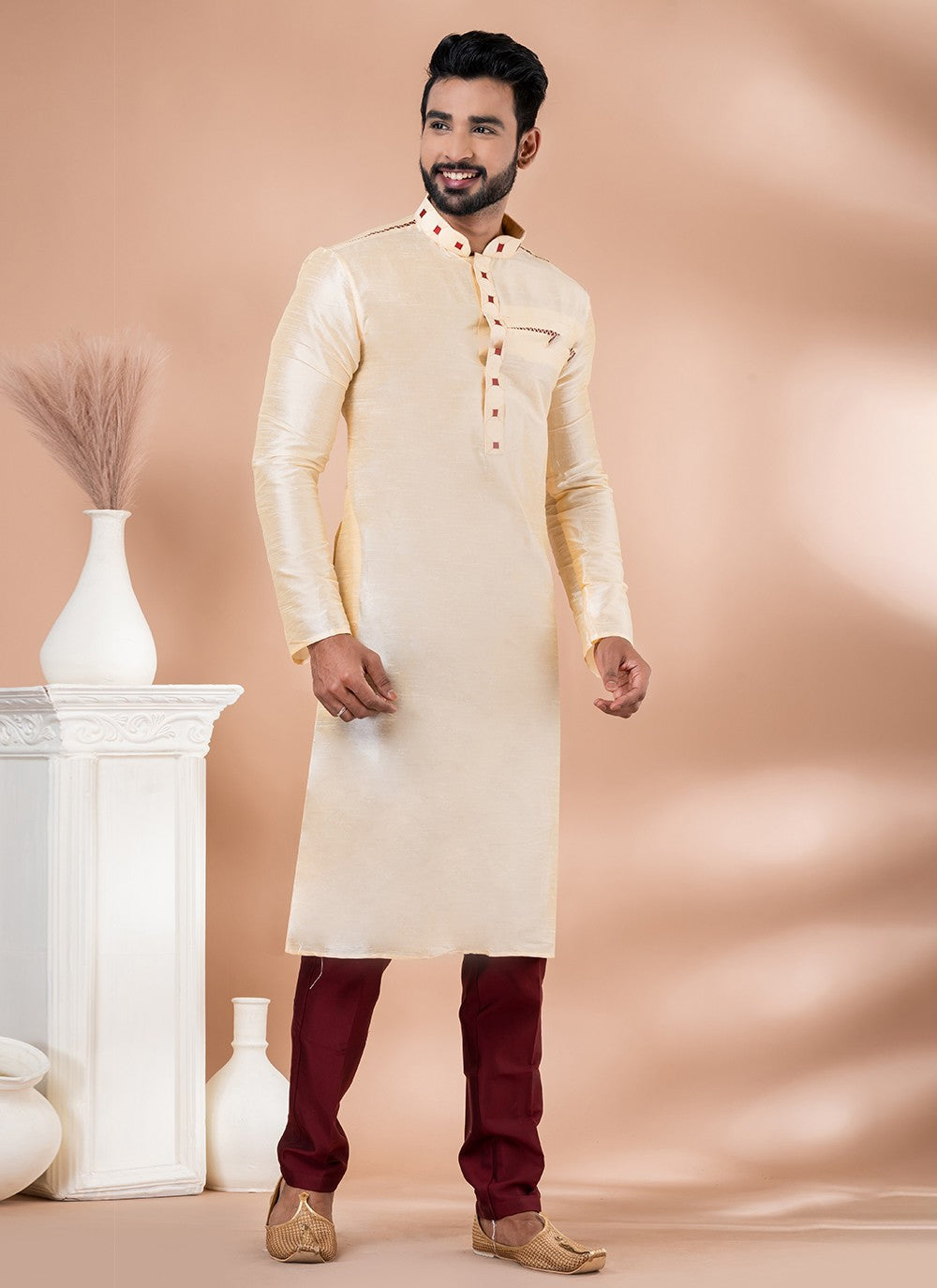 Fancy Work Banarasi Silk Cream Kurta Pyjama - M6986