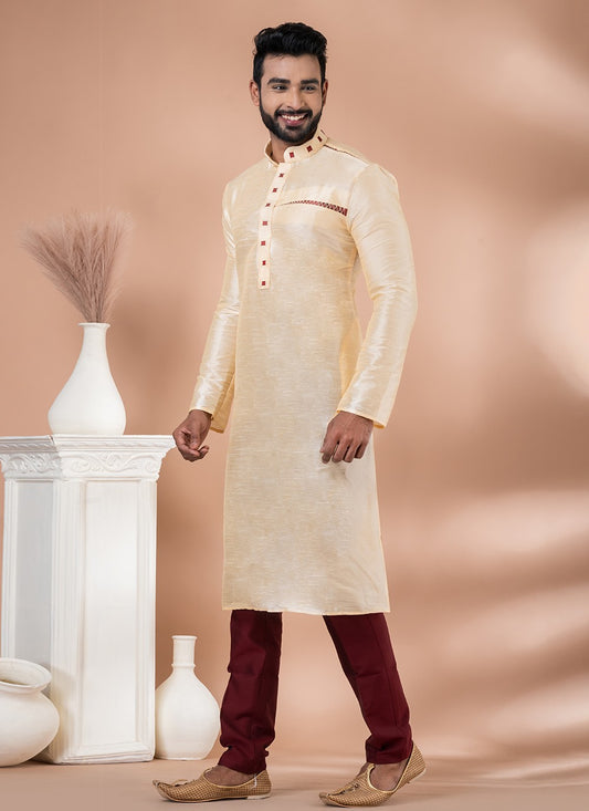 Fancy Work Banarasi Silk Cream Kurta Pyjama - M6986