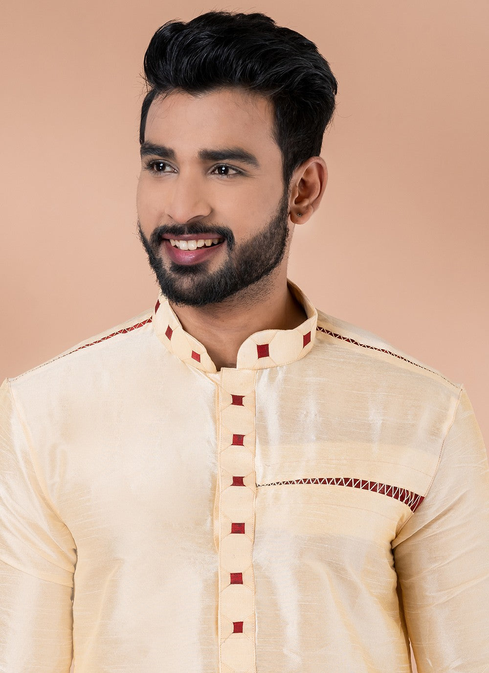 Fancy Work Banarasi Silk Cream Kurta Pyjama - M6986