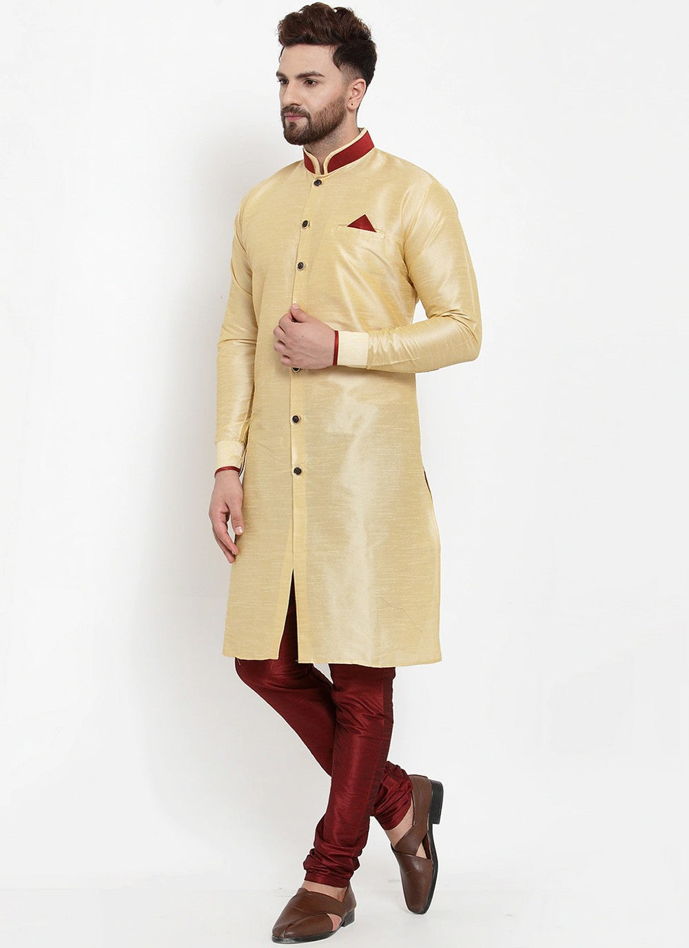 Plain Banarasi Silk Cream Kurta Pyjama - M2457