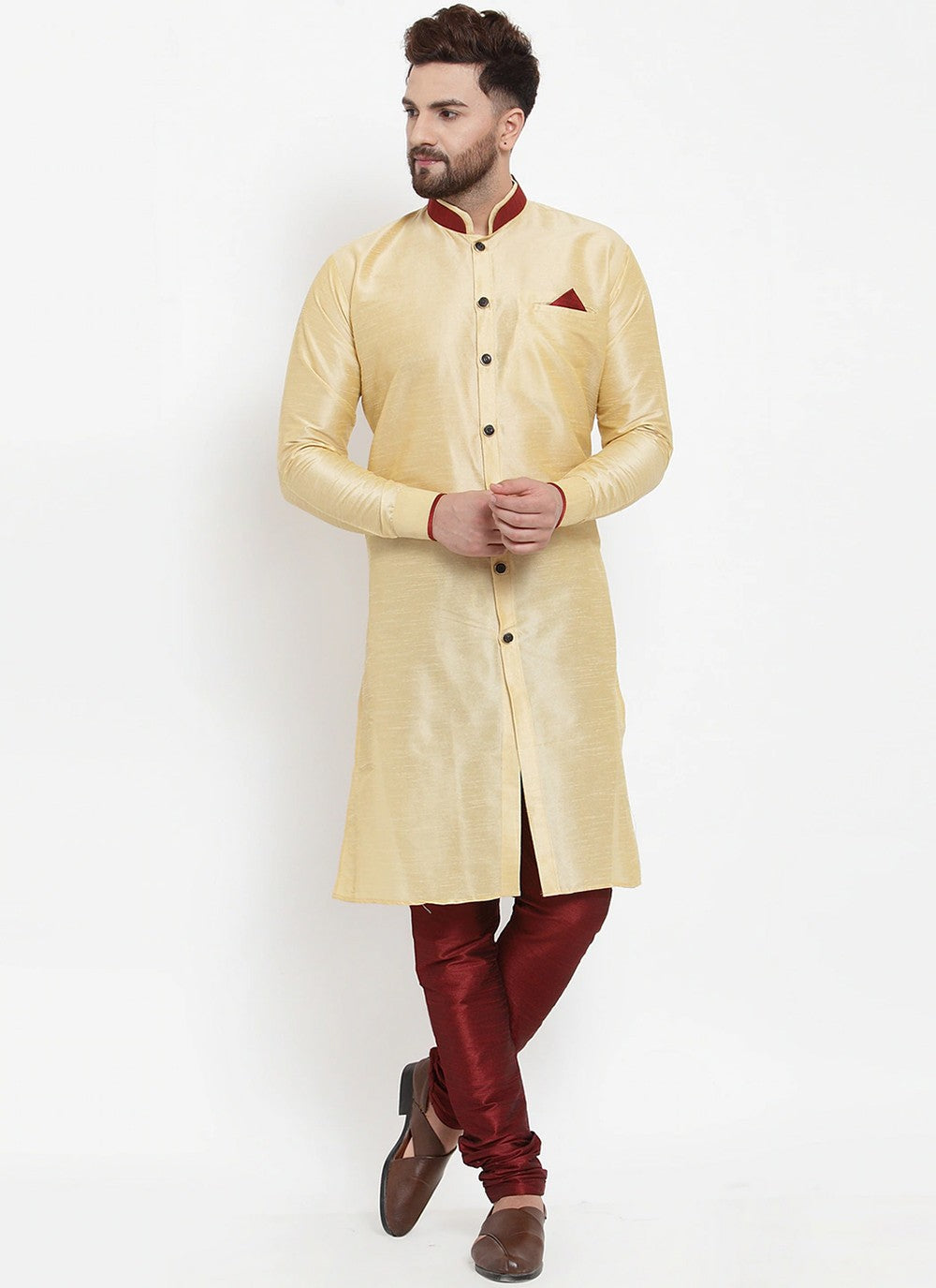 Plain Banarasi Silk Cream Kurta Pyjama - M2457