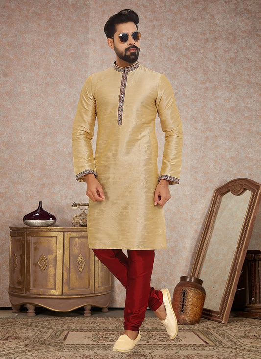 Embroidered Dupion Silk Cream Kurta Pyjama - M3342