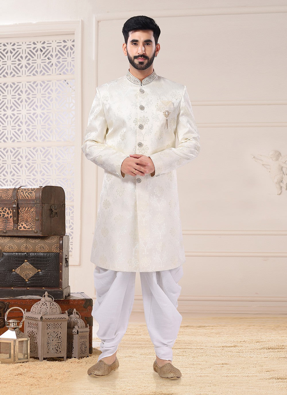 Embroidered Jacquard Cream Indo Western Sherwani - M4676