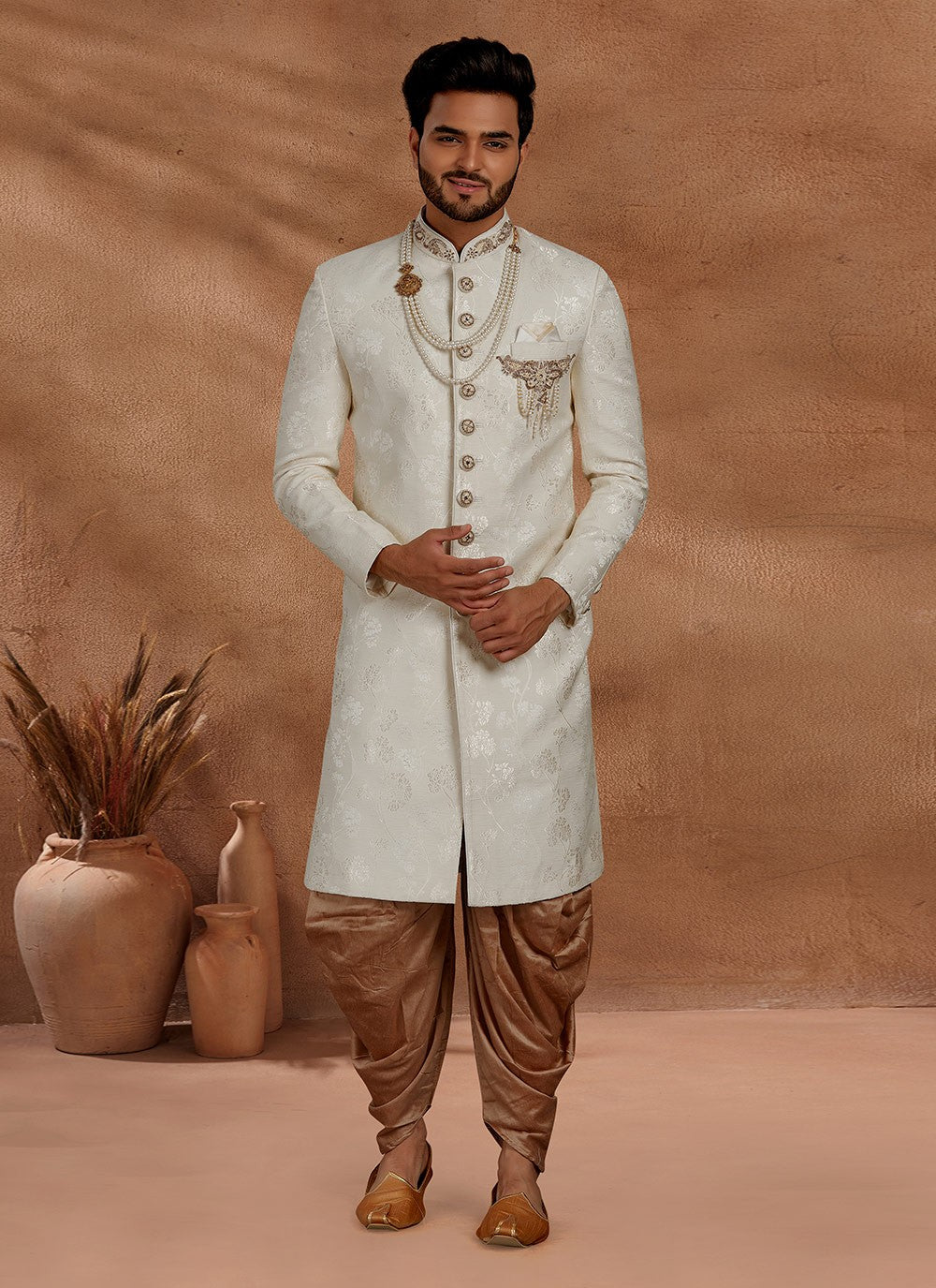 Fancy Work Jacquard Cream Indo Western Sherwani - M2778