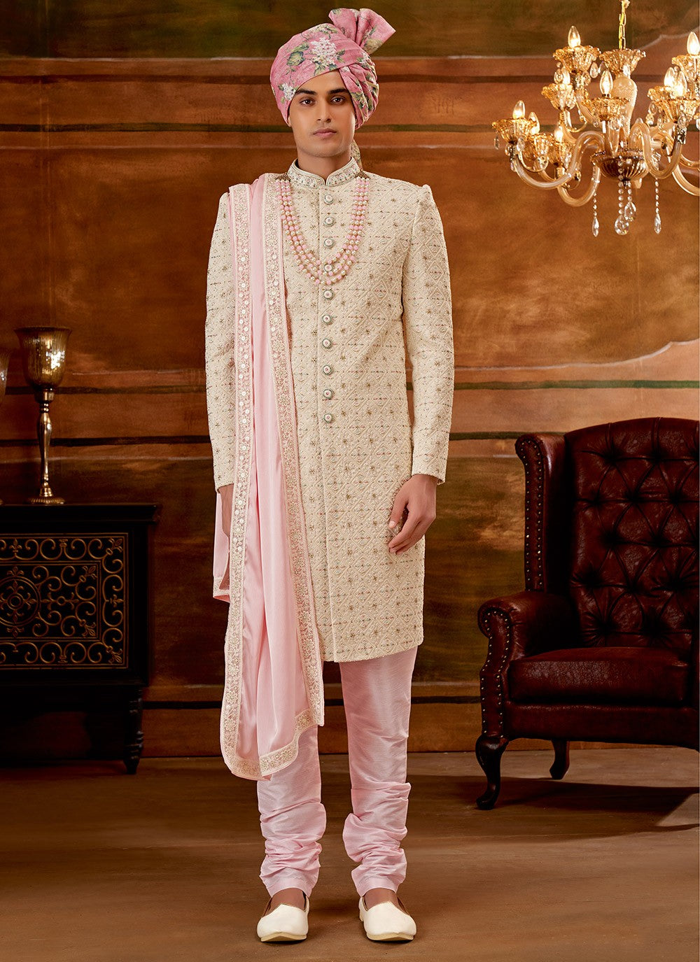 Hand Embroidery Art Silk Cream Sherwani - M4309