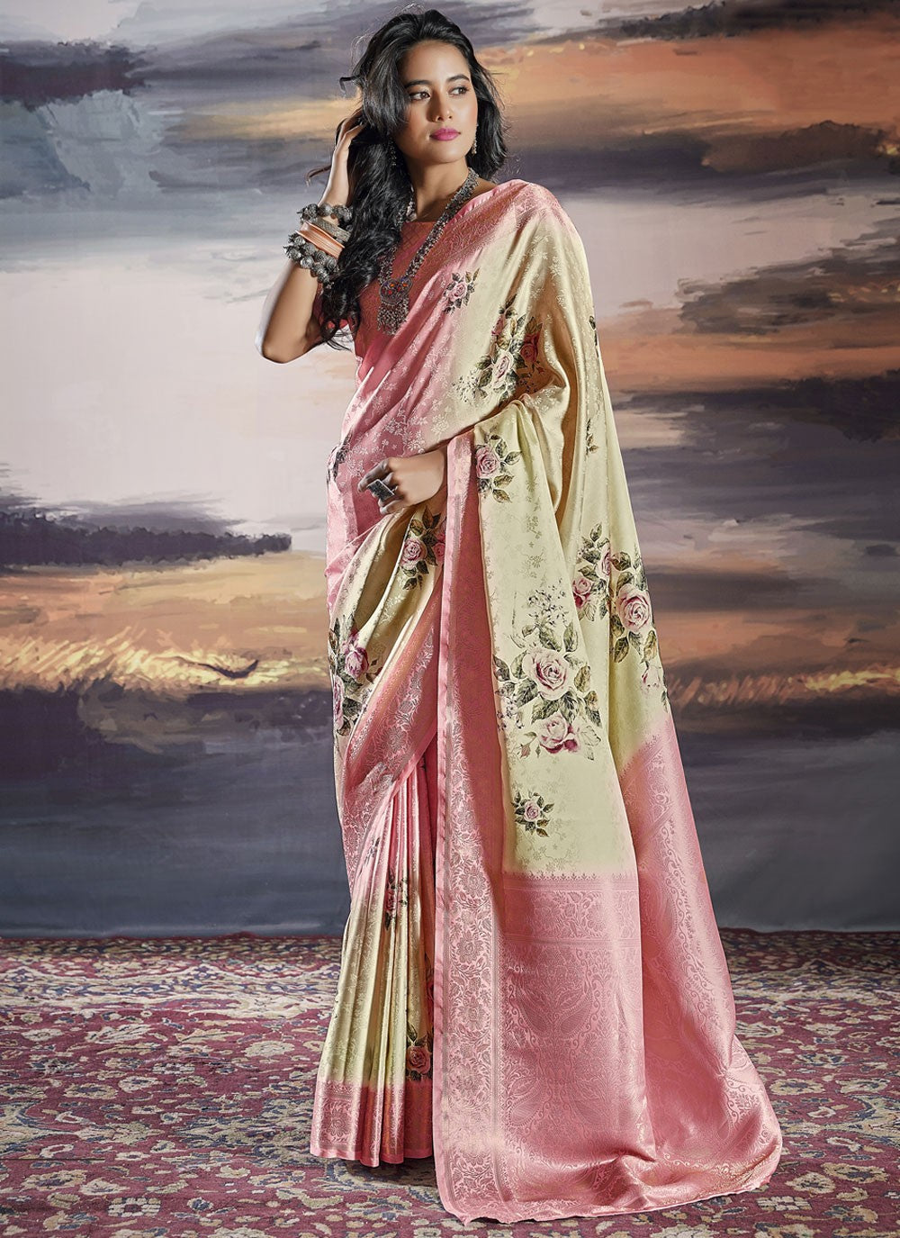 Classic Digital Print Satin Saree - S9978