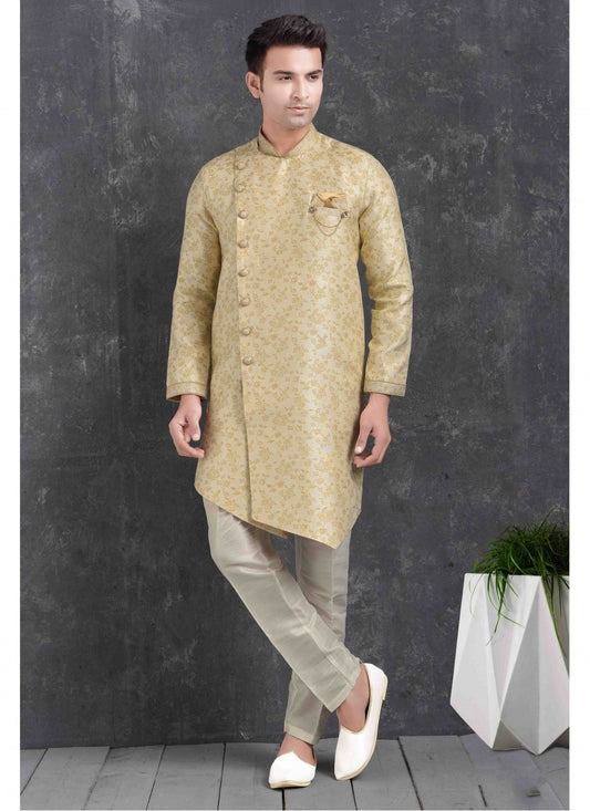 Printed Jacquard Silk Cream Indo Western - M1783