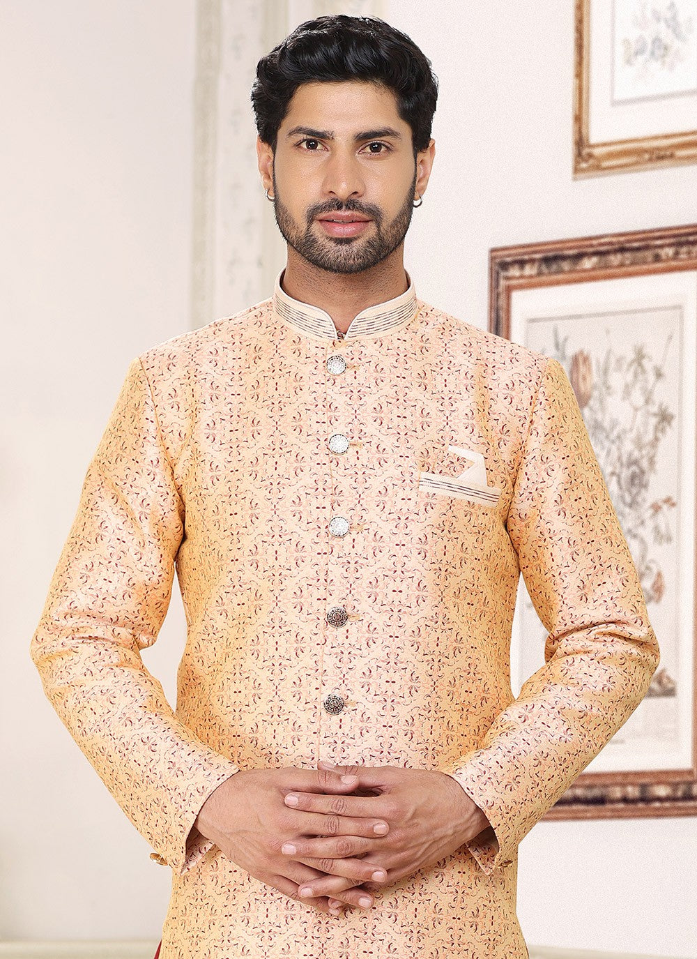 Fancy Work Banarasi Jacquard Cream Indo Western - M5210