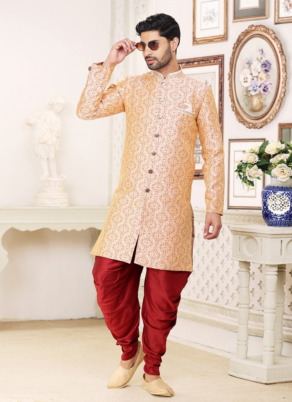 Fancy Work Banarasi Jacquard Cream Indo Western - M5210