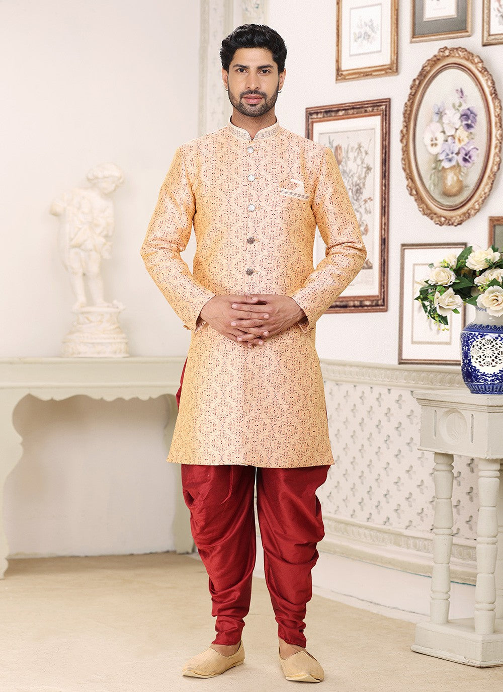 Fancy Work Banarasi Jacquard Cream Indo Western - M5210